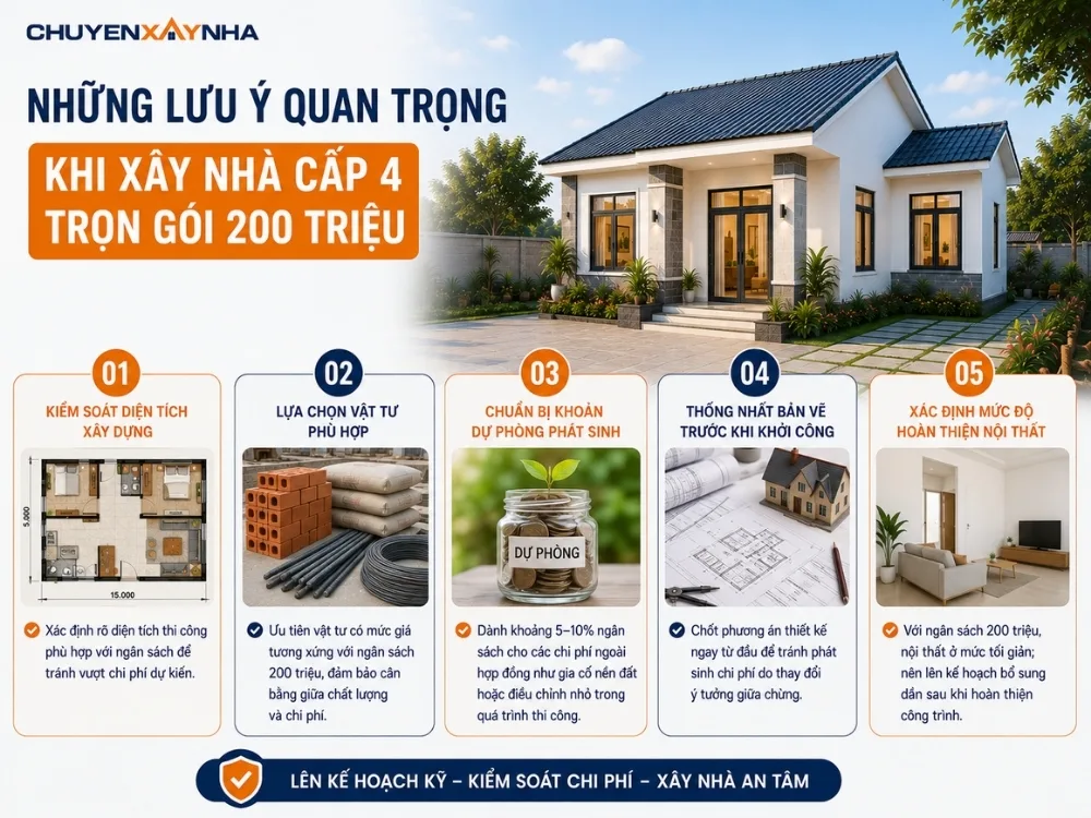 Những lưu ý quan trọng khi xây nhà cấp 4 trọn gói 200 triệu