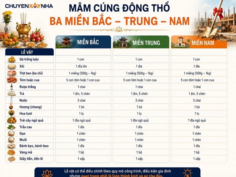 Mâm cúng động thổ ba miền Bắc, Trung, Nam