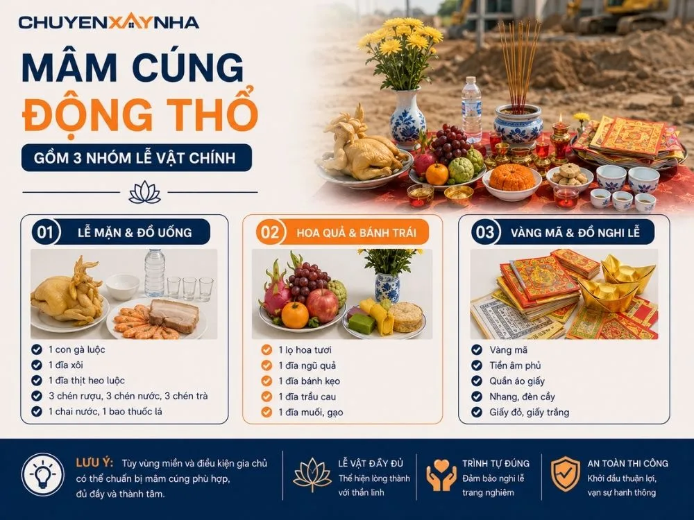 Mâm cúng động thổ gồm những lễ vật