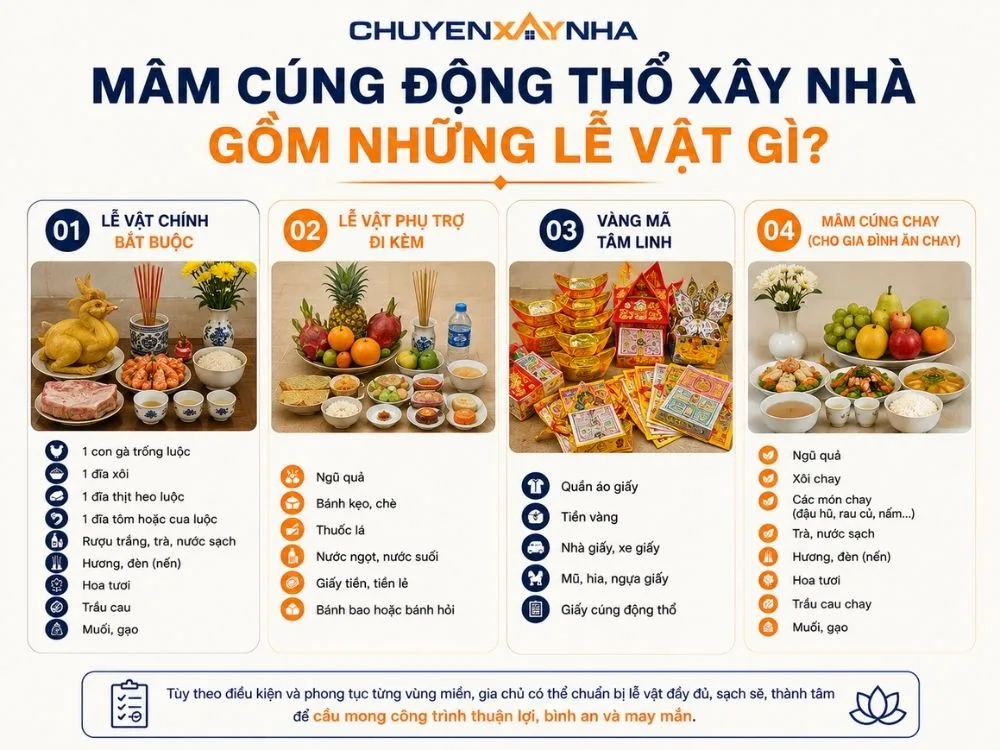 Mâm cúng động thổ xây nhà gồm 4 nhóm lễ vật