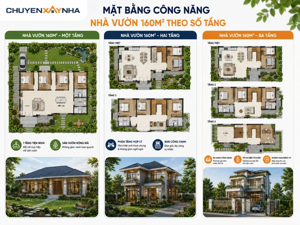 Mặt bằng công năng nhà vườn 160m2 theo số tầng