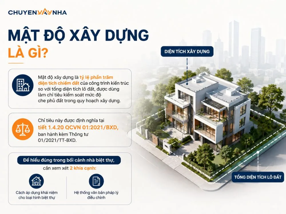 Mật độ xây dựng là tỷ lệ phần trăm diện tích chiếm đất của công trình