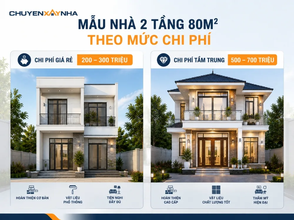 Các mẫu nhà 2 tầng 80m2 theo mức chi phí