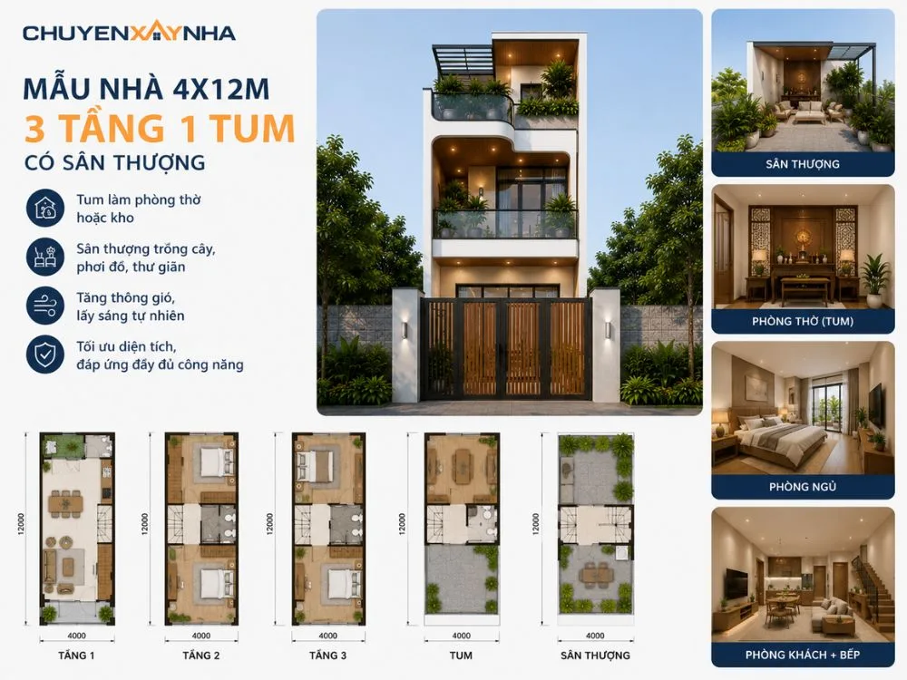 Mẫu nhà 4x12m 3 tầng 1 tum có sân thượng