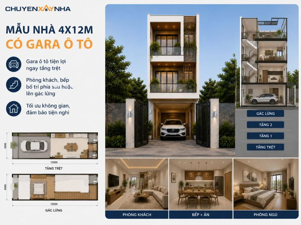 Mẫu nhà 4x12m có gara ô tô