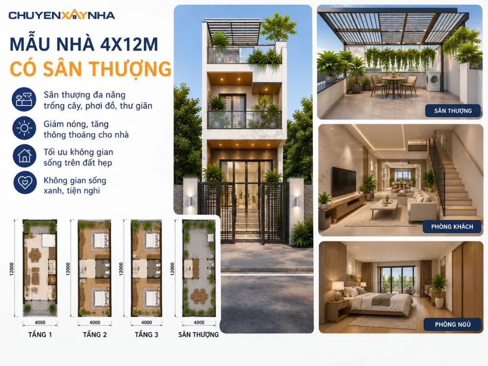 Mẫu nhà 4x12m có sân thượng