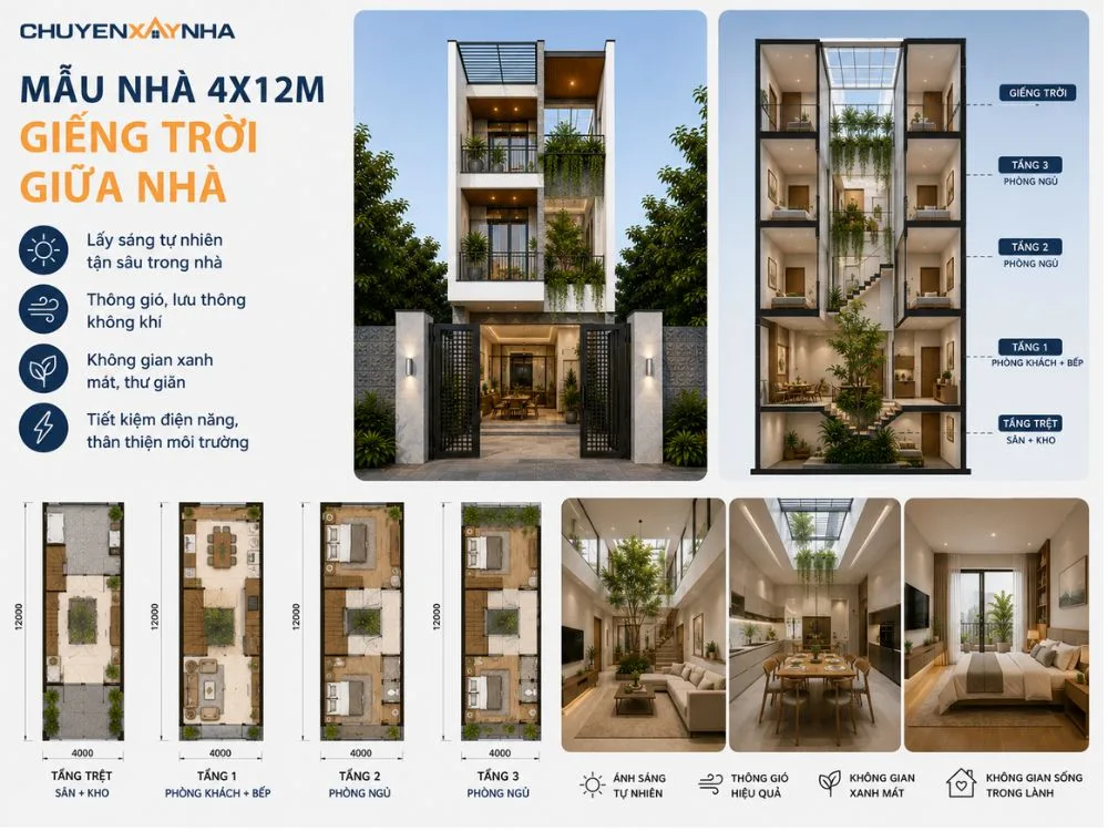 Mẫu nhà 4x12m có giếng trời giữa nhà