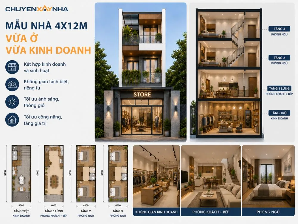 Mẫu nhà 4x12m vừa ở vừa kinh doanh
