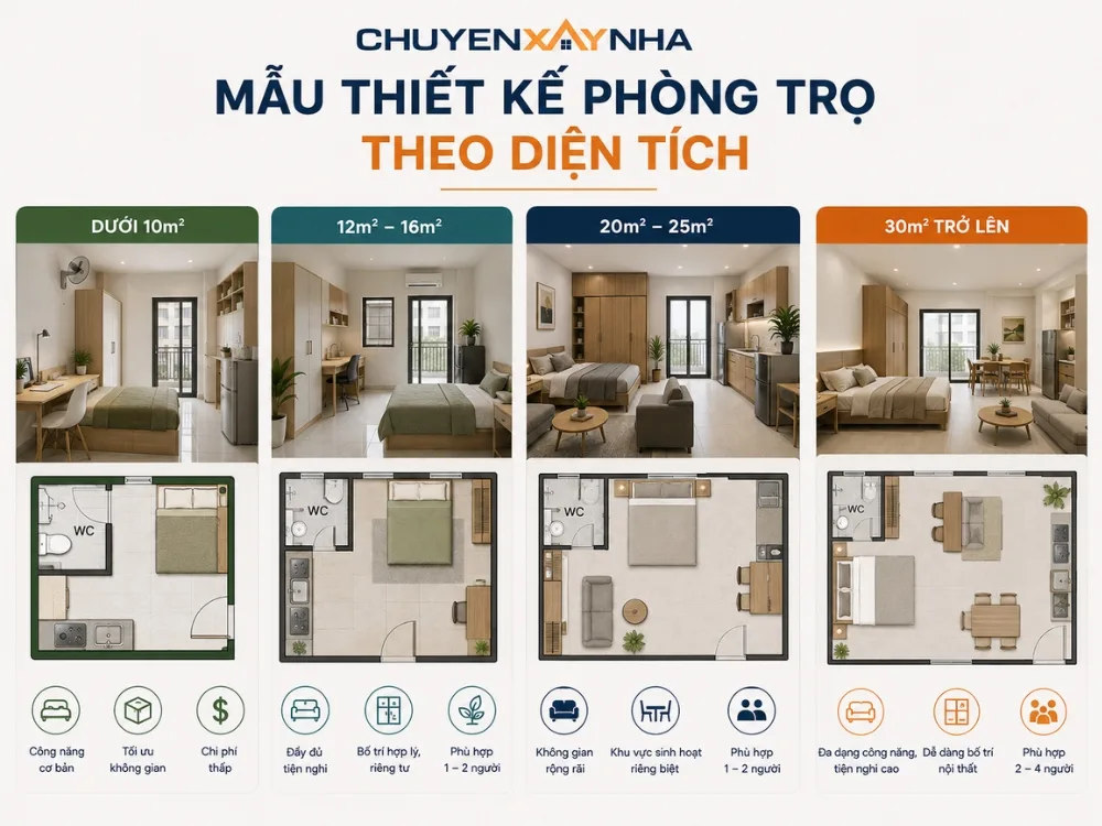 Mẫu thiết kế phòng trọ theo diện tích