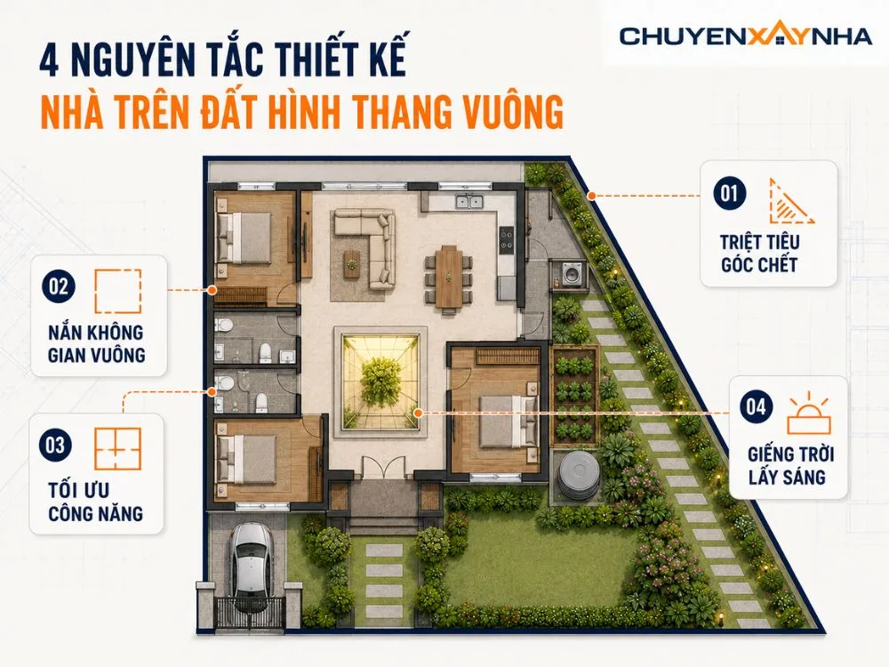 Nguyên tắc thiết kế nhà trên đất hình thang vuông