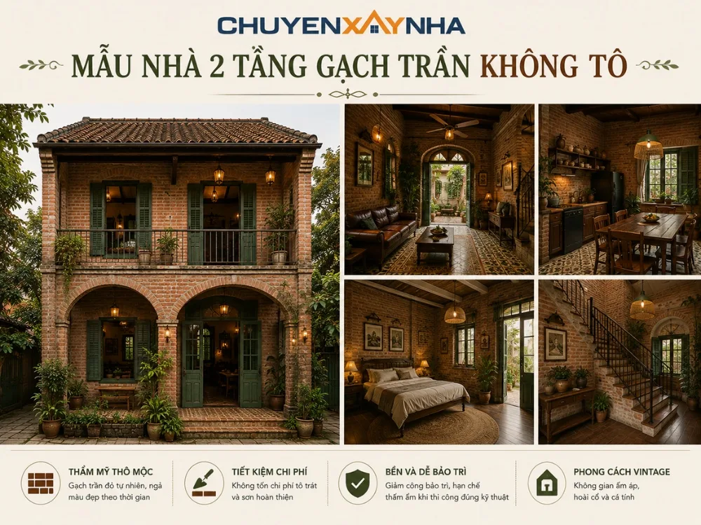 Mẫu nhà 2 tầng gạch trần không tô