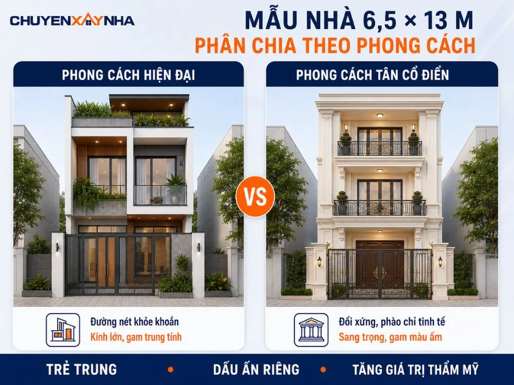 Phân chia mẫu nhà 6.5x13m theo phong cách