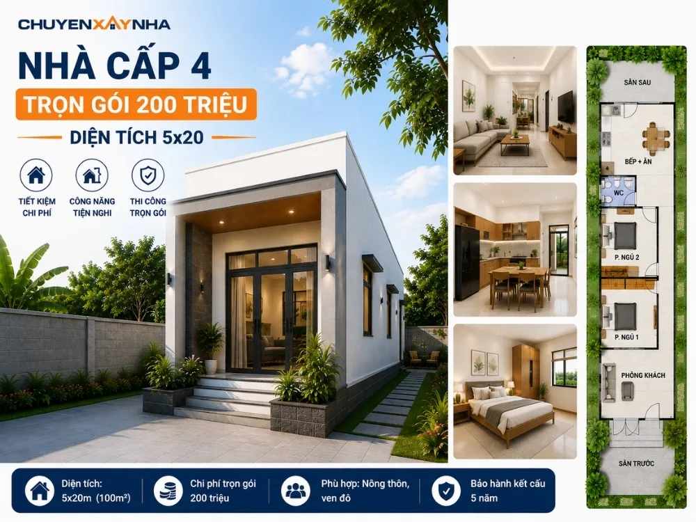 Nhà cấp 4 trọn gói 200 triệu diện tích 5x20