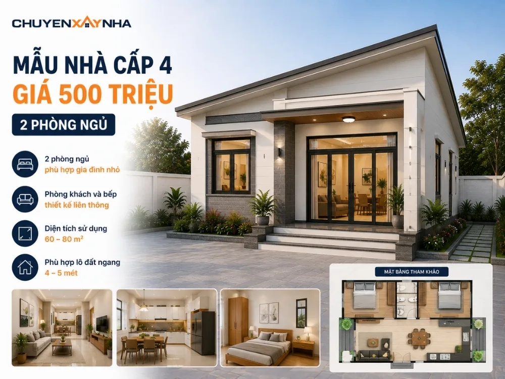 Mẫu nhà cấp 4 giá 500 triệu 2 phòng ngủ