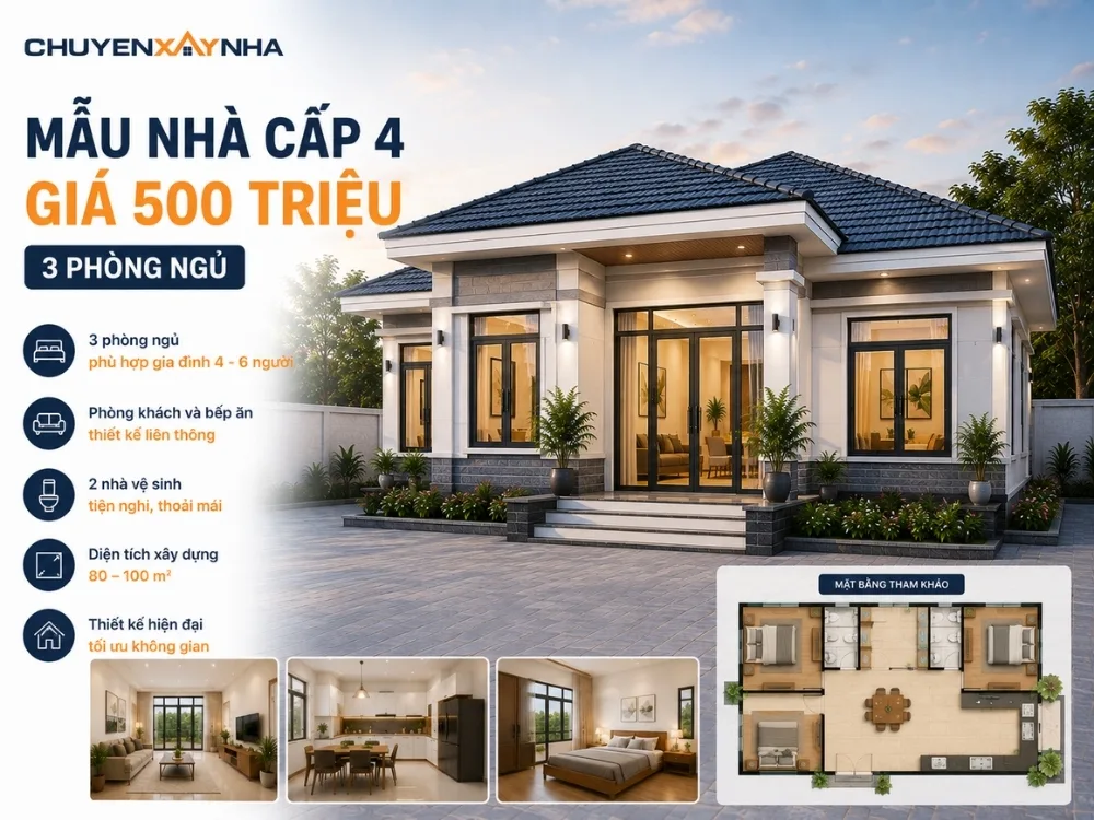 Mẫu nhà cấp 4 giá 500 triệu 3 phòng ngủ