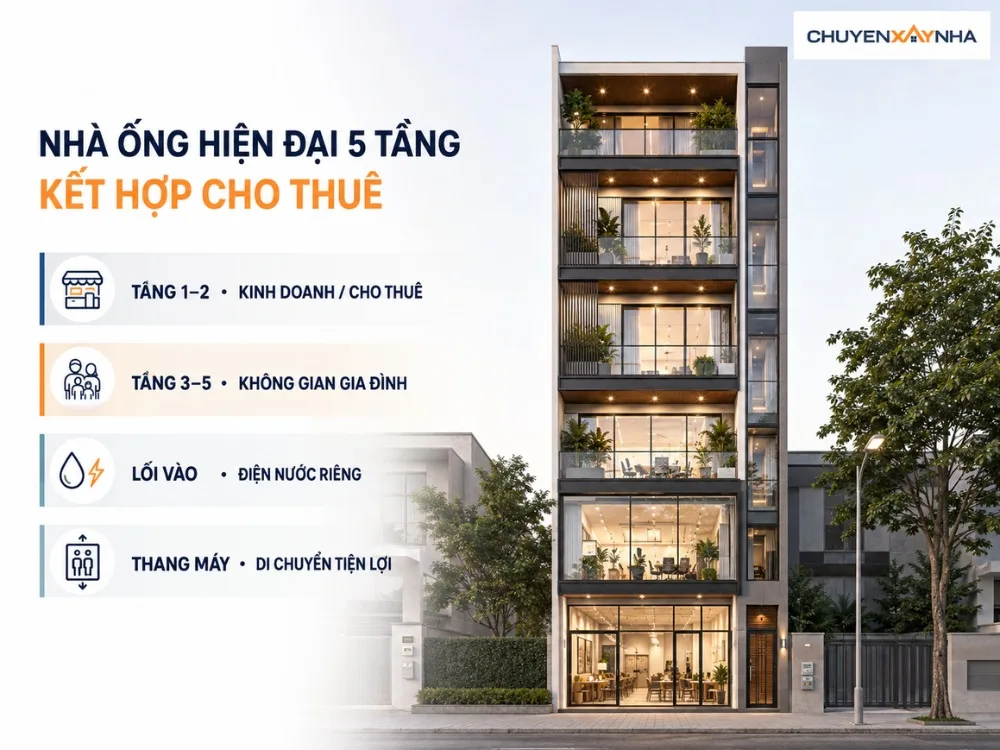 Mẫu nhà ống hiện đại 5 tầng kết hợp cho thuê