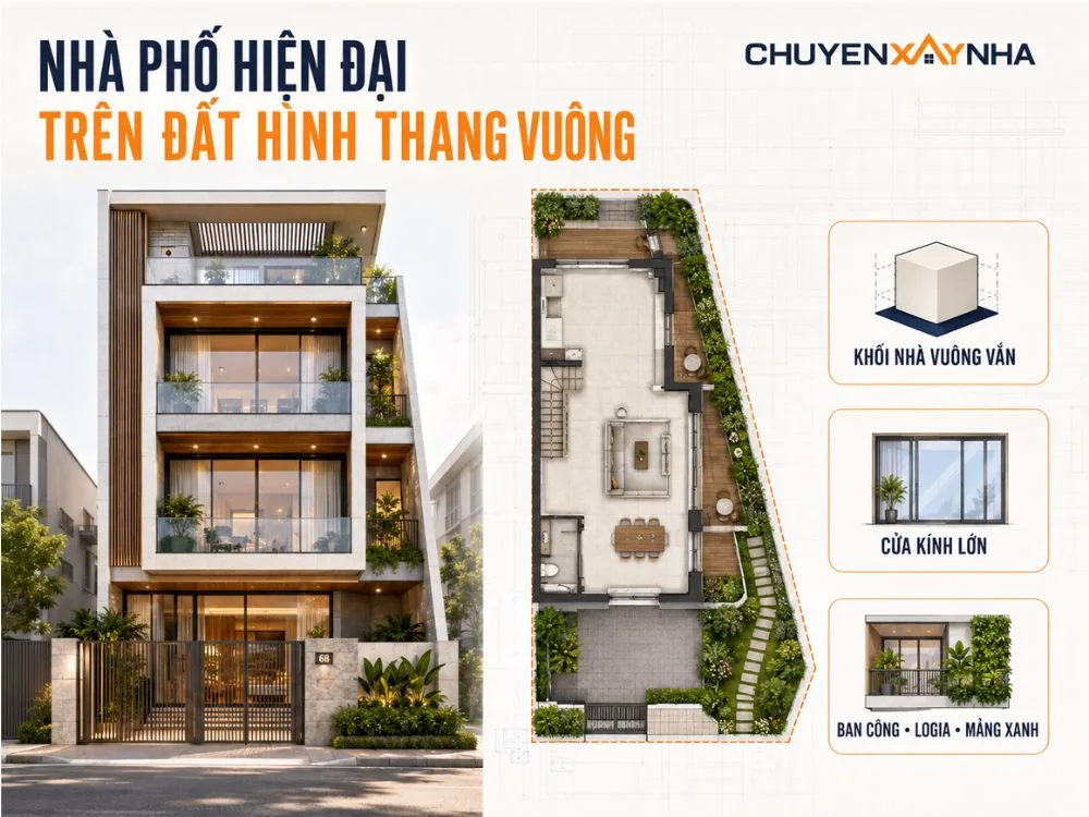 Mẫu nhà phố hiện đại trên đất hình thang vuông