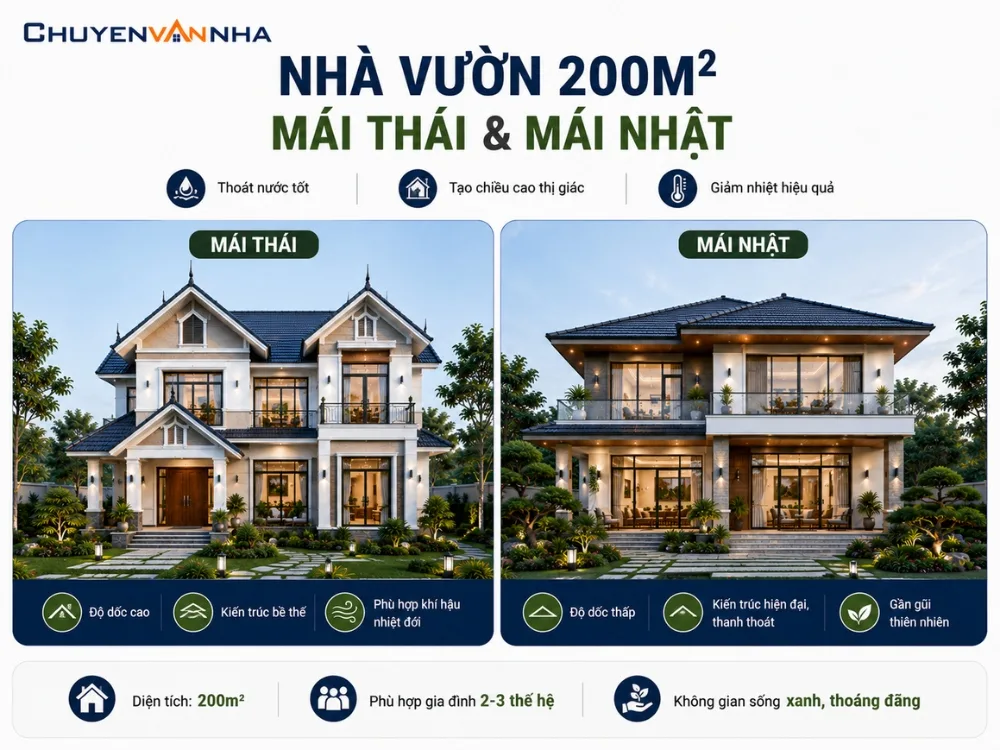 Nhà vườn 200m2 mái Thái và mái Nhật