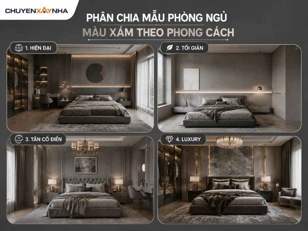 Phân chia mẫu phòng ngủ màu xám theo phong cách