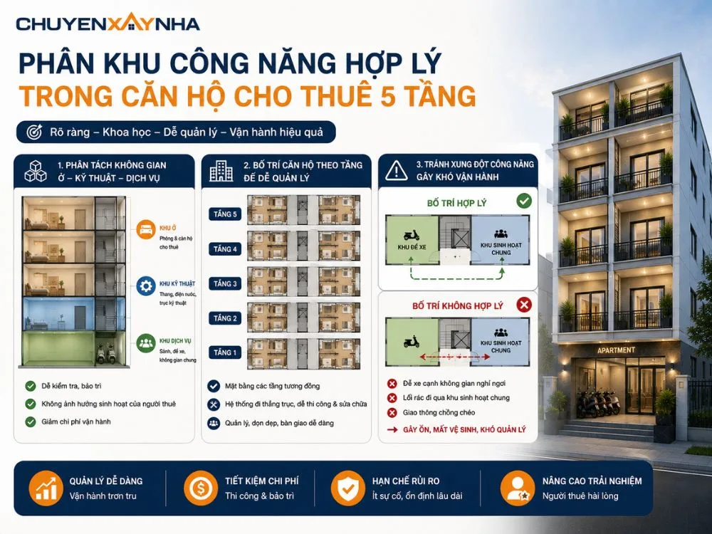 Phân khu công năng hợp lý trong căn hộ cho thuê 5 tầng