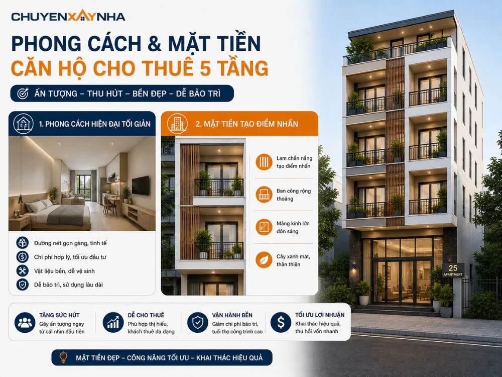 Phong cách và mặt tiền căn hộ cho thuê 5 tầng