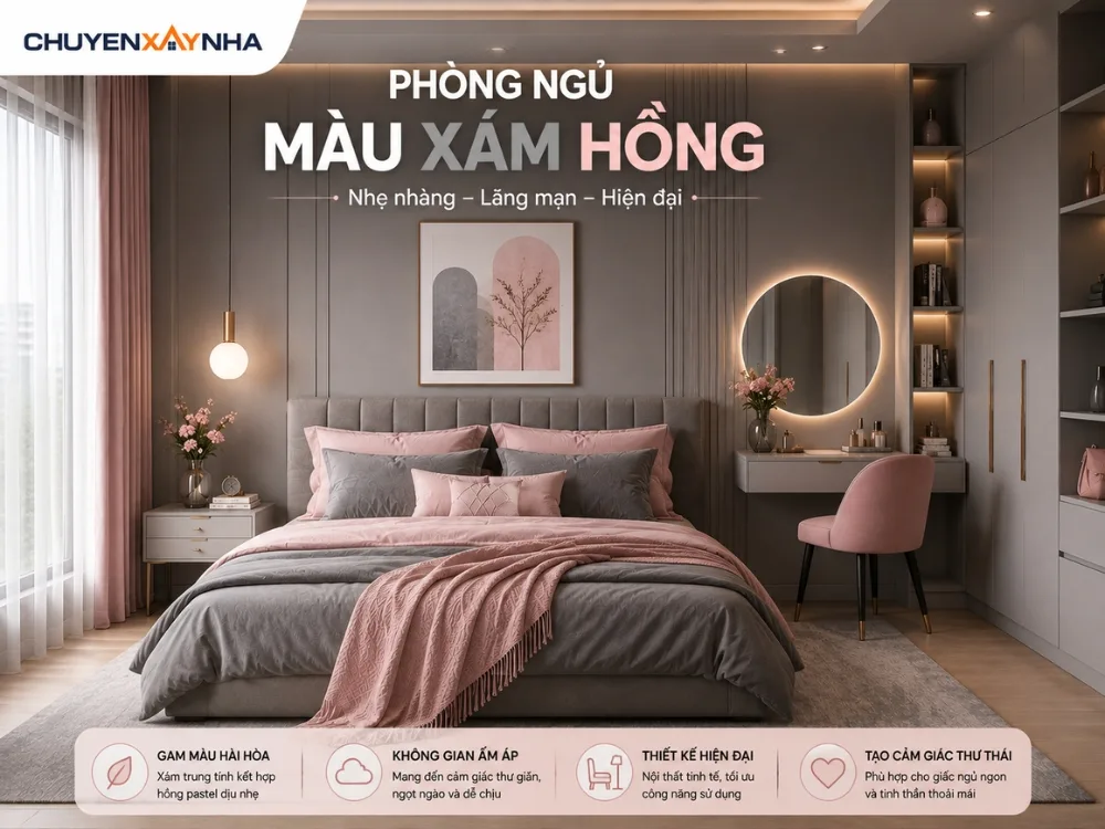 Phòng ngủ màu xám hồng 