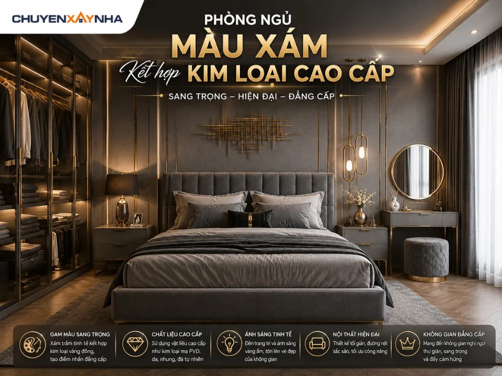 Phòng ngủ màu xám kết hợp kim loại