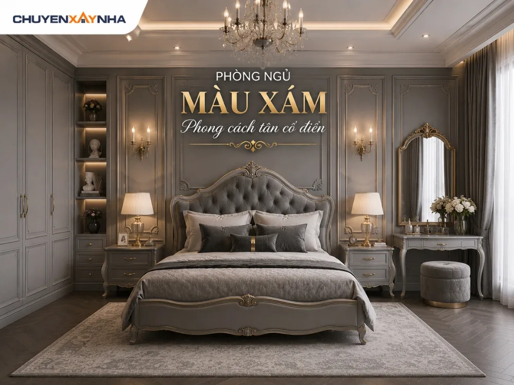 Phòng ngủ màu xám phong cách tân cổ điển