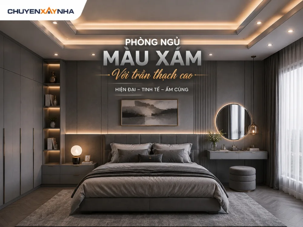 Phòng ngủ màu xám với trần thạch cao