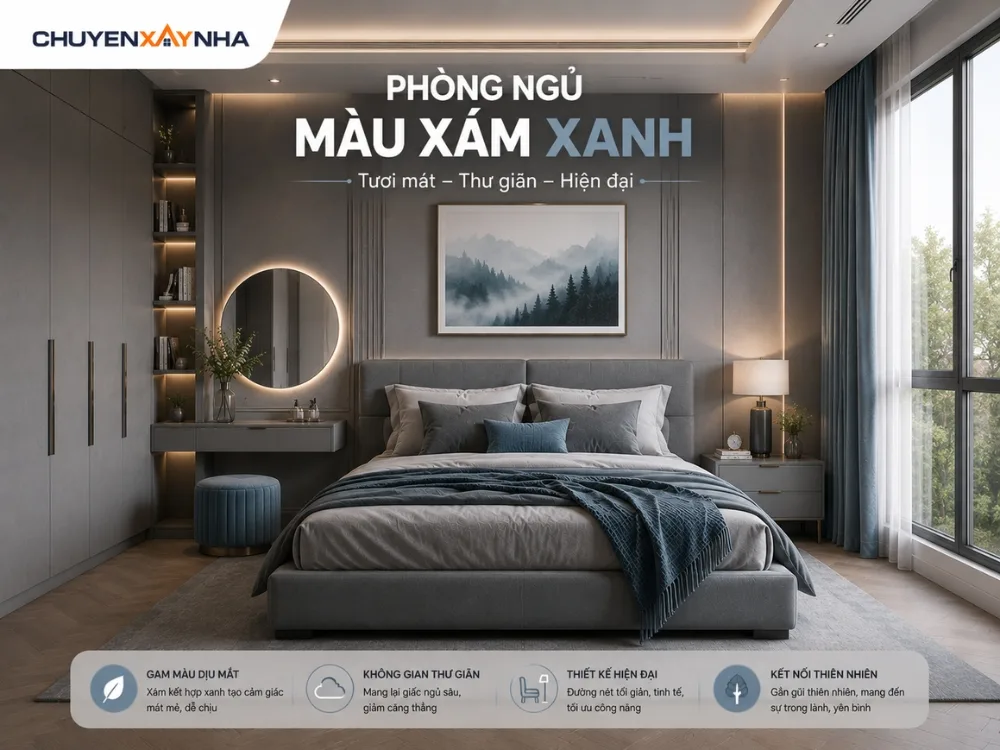 Phòng ngủ màu xám xanh 