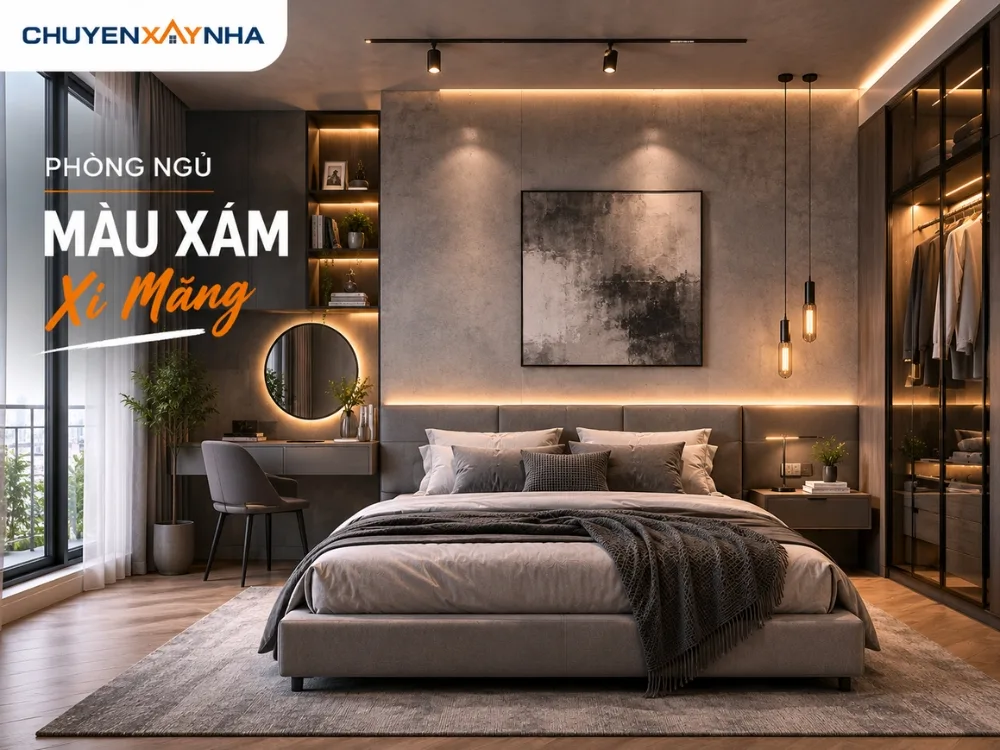 Phòng ngủ màu xám xi măng