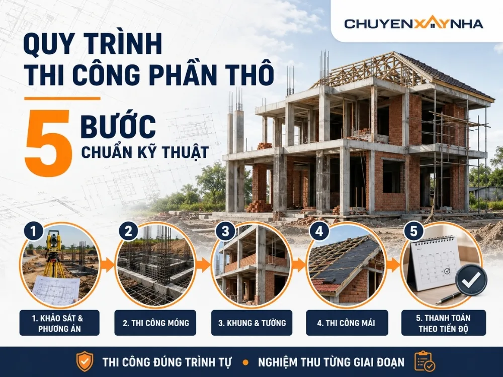 Quy trình thi công phần thô chuẩn kỹ thuật