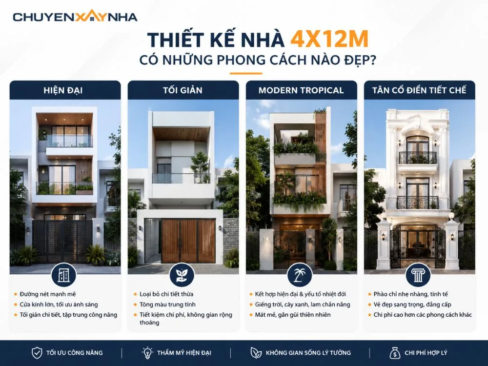 Có 4 phong cách thiết kế nhà 4x12m đẹp