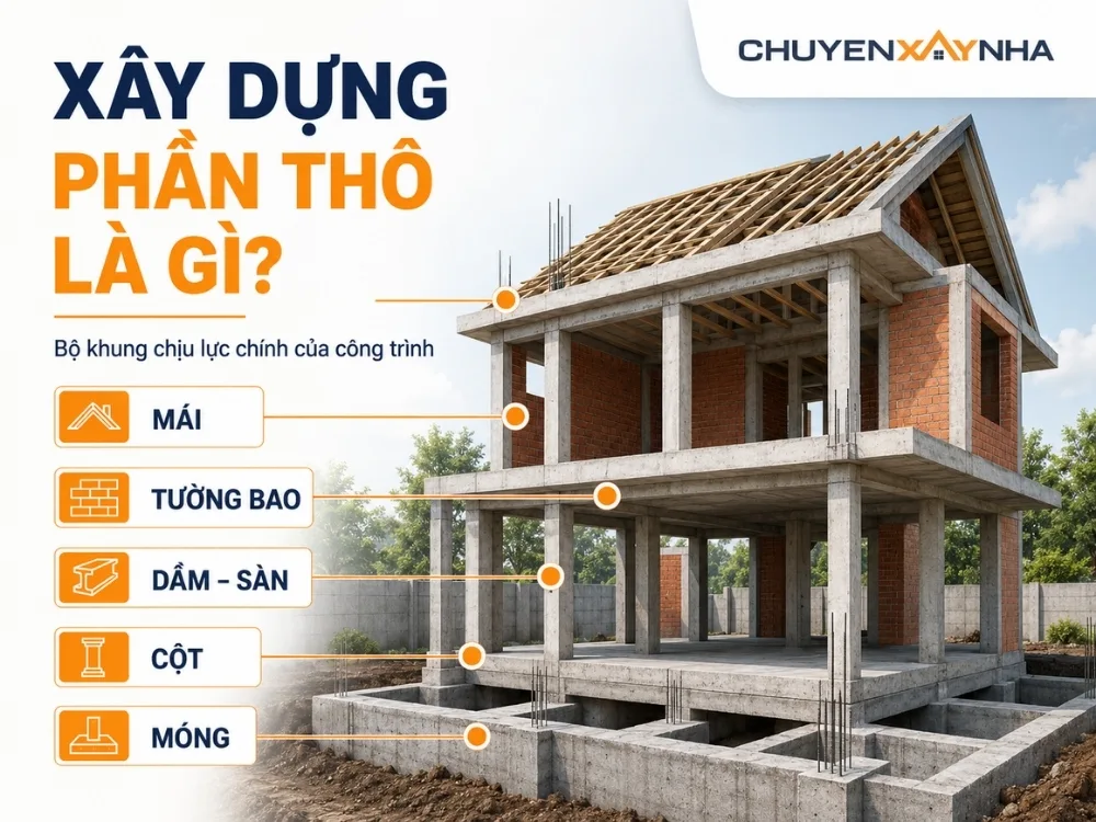 Xây dựng phần thô là hạng mục thi công phần kết cấu chịu lực chính của công trình