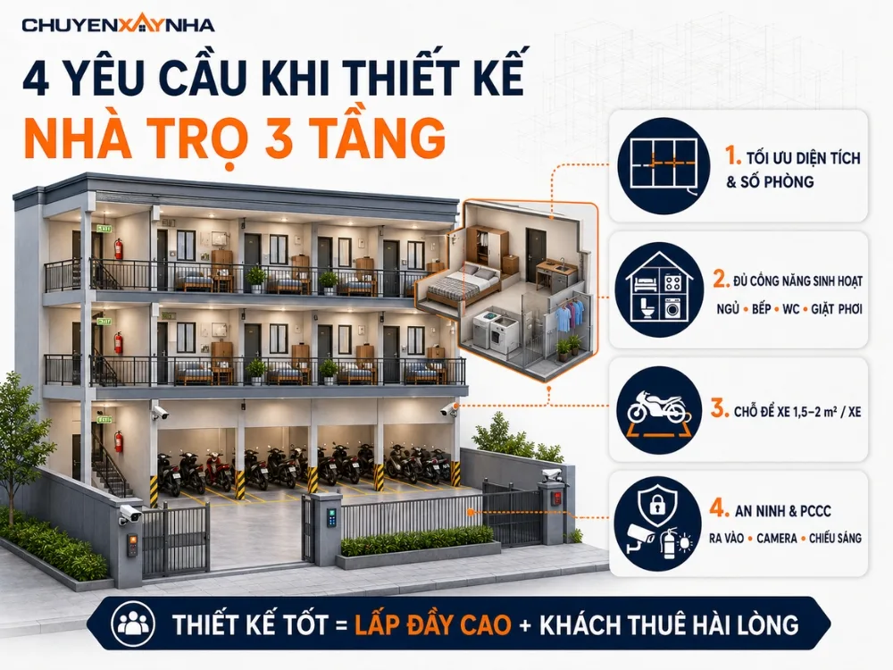 Yêu cầu quan trọng khi thiết kế nhà trọ 3 tầng