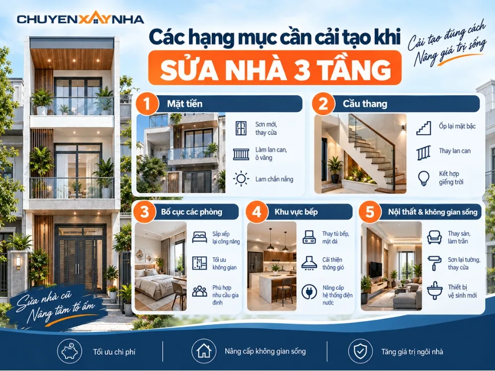 Các hạng mục cần cải tạo khi sửa nhà 3 tầng