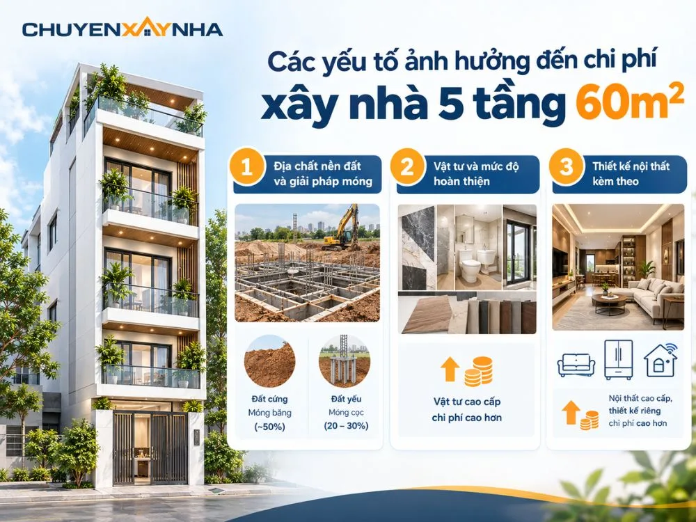 Các yếu tố ảnh hưởng đến chi phí xây nhà 5 tầng 60m2