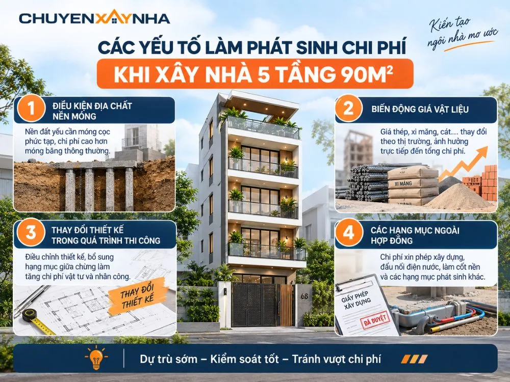 Các yếu tố làm phát sinh chi phí khi xây nhà 5 tầng 90m2