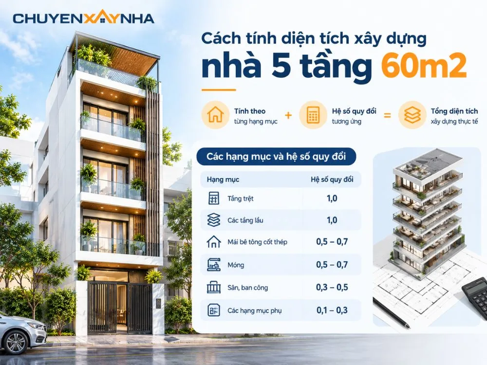 Cách tính diện tích xây dựng nhà 5 tầng 60m2