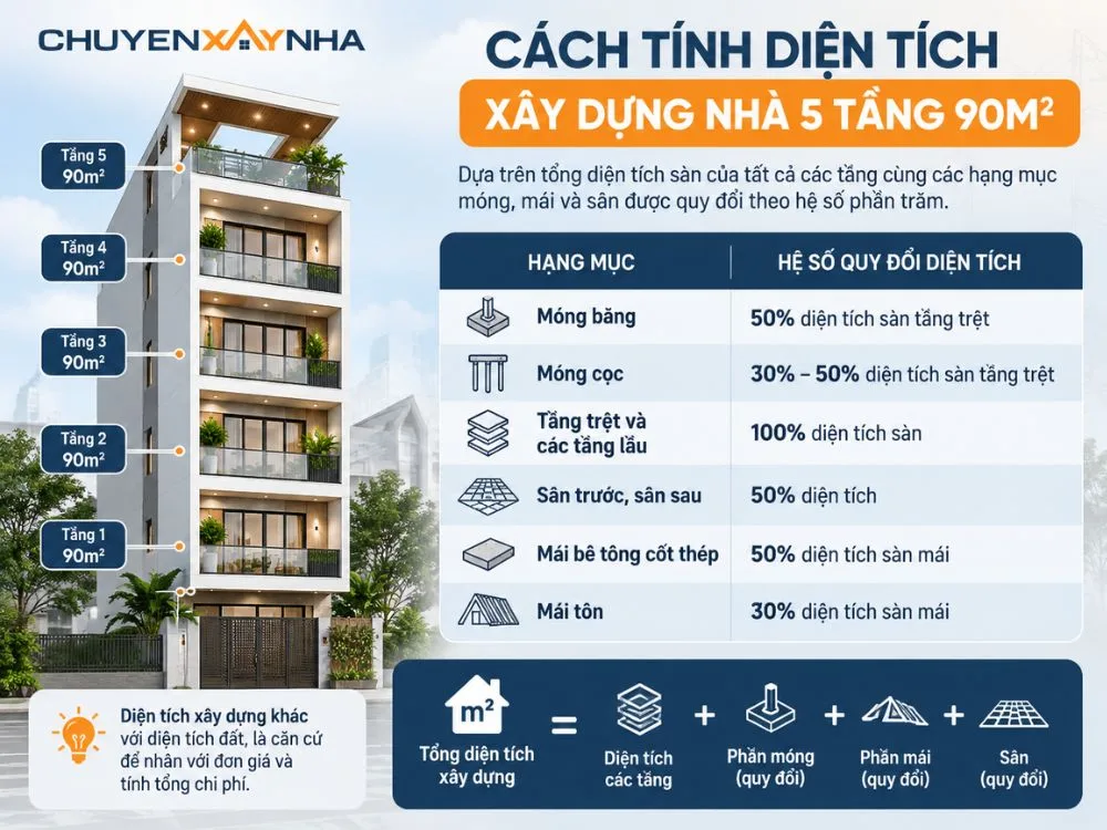 Cách tính diện tích xây dựng nhà 5 tầng 90m2