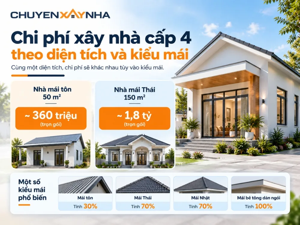 Chi phí xây nhà cấp 4 theo diện tích và kiểu mái