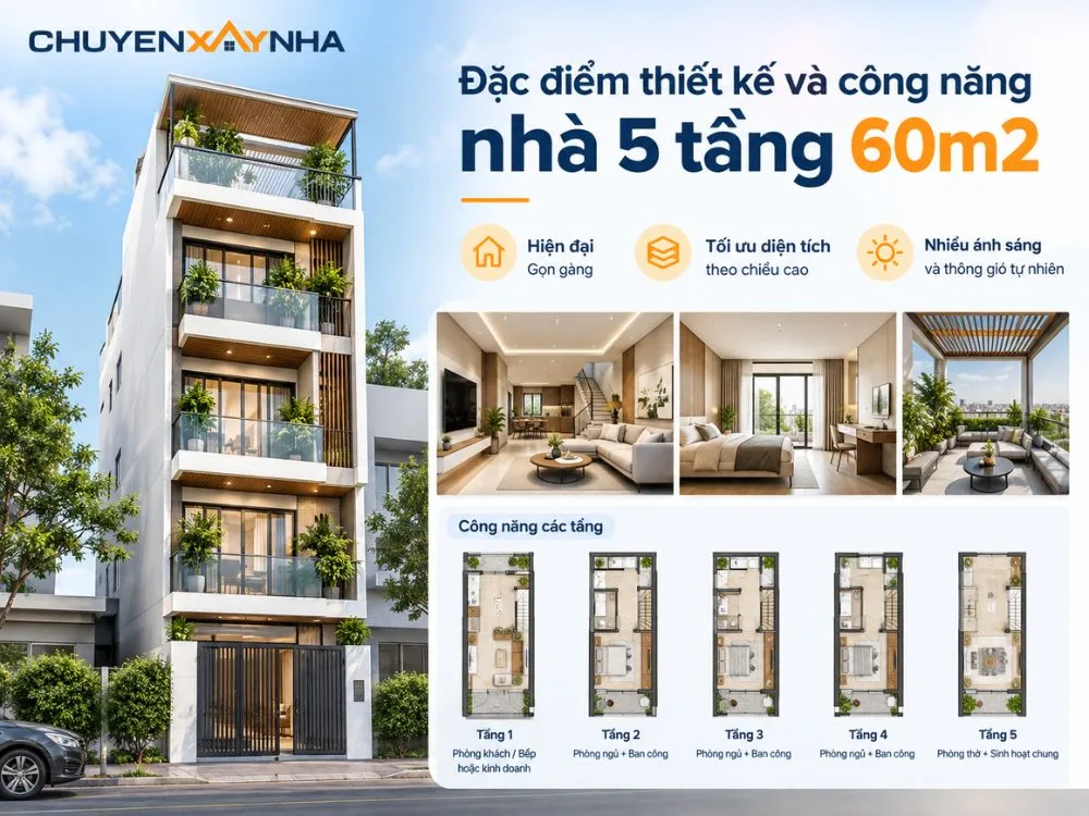 Đặc điểm thiết kế và công năng nhà 5 tầng 60m2