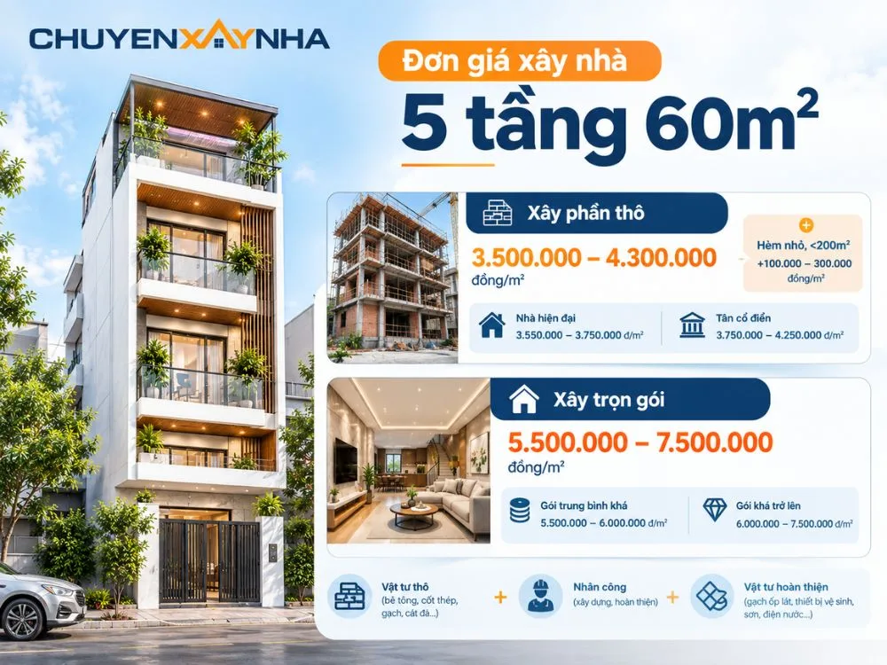 Đơn giá xây nhà 5 tầng 60m2