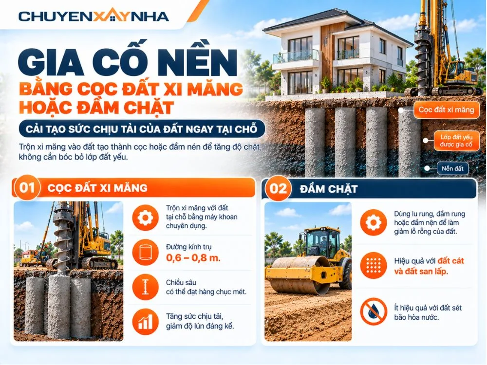 Gia cố nền bằng cọc đất xi măng hoặc đầm chặt