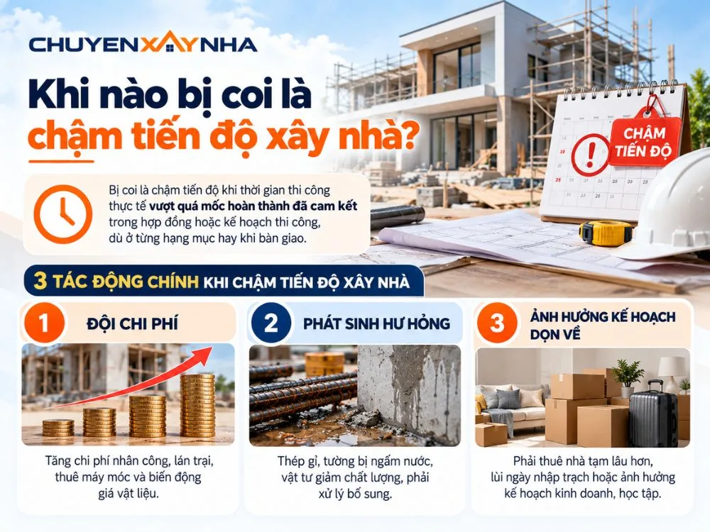 Xây nhà bị coi là chậm tiến độ khi thời gian thi công vượt quá mốc hoàn thành 