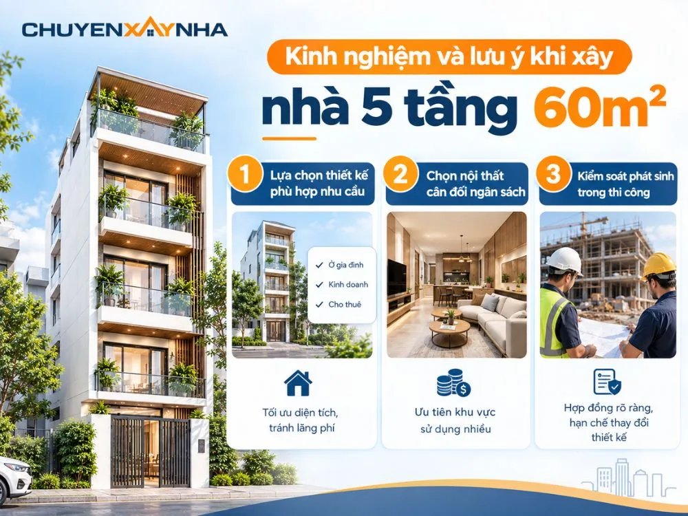 Kinh nghiệm và lưu ý khi xây nhà 5 tầng 60m2