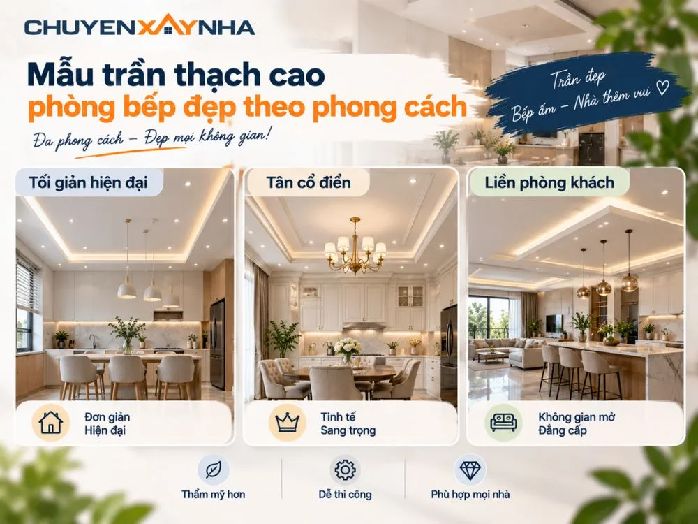 Mẫu trần thạch cao phòng bếp đẹp theo phong cách