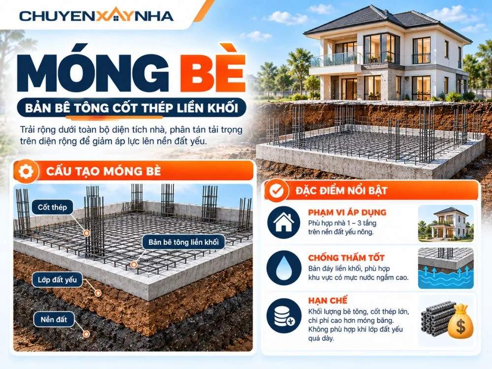 Móng bè là bản bê tông cốt thép liền khối trải rộng