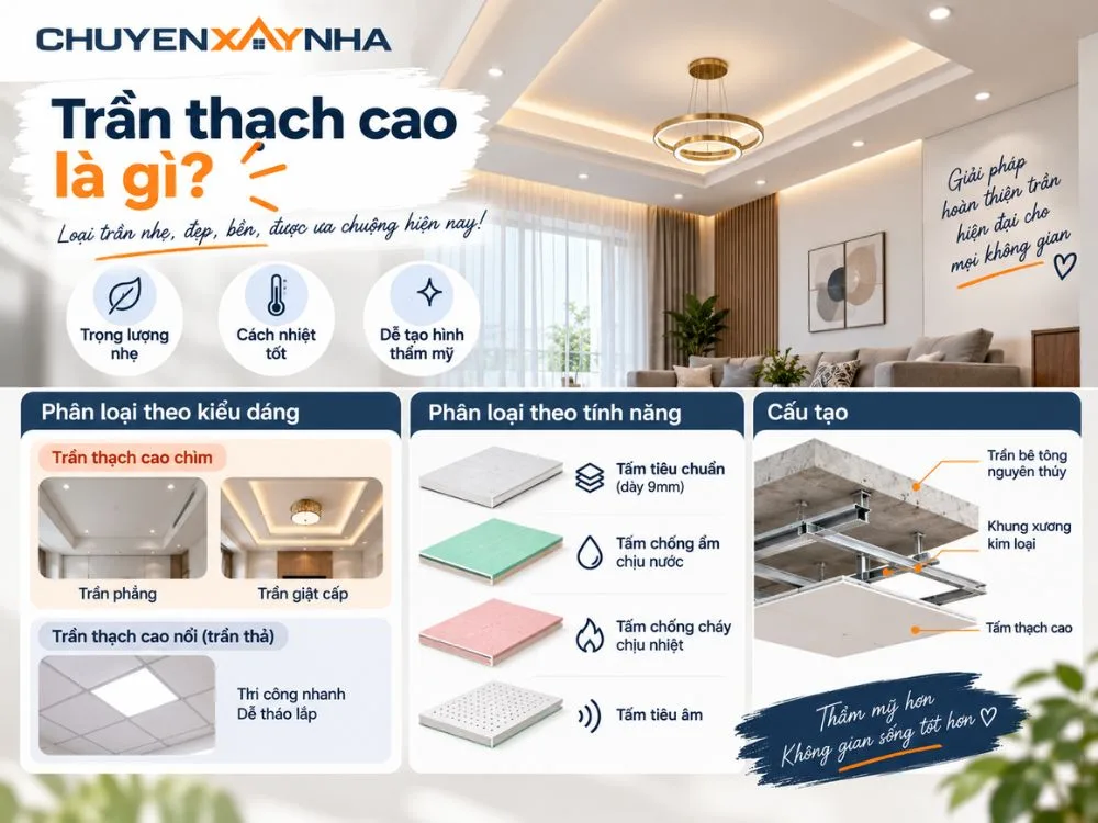Trần thạch cao là loại trần được cấu tạo từ các tấm thạch cao gắn trên hệ khung xương kim loại