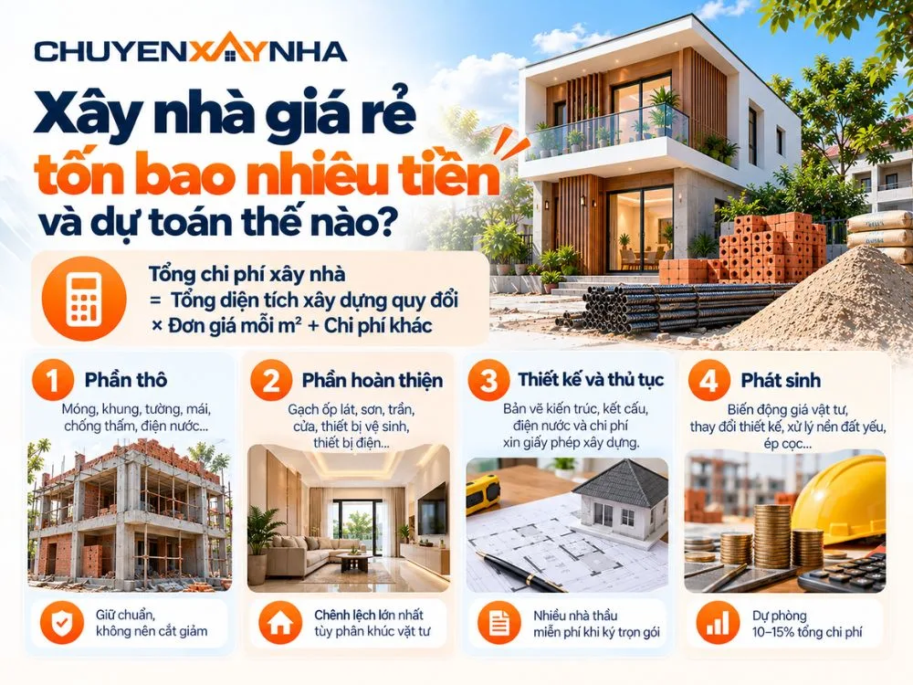Chi phí xây nhà giá rẻ phụ thuộc vào tổng diện tích xây dựng